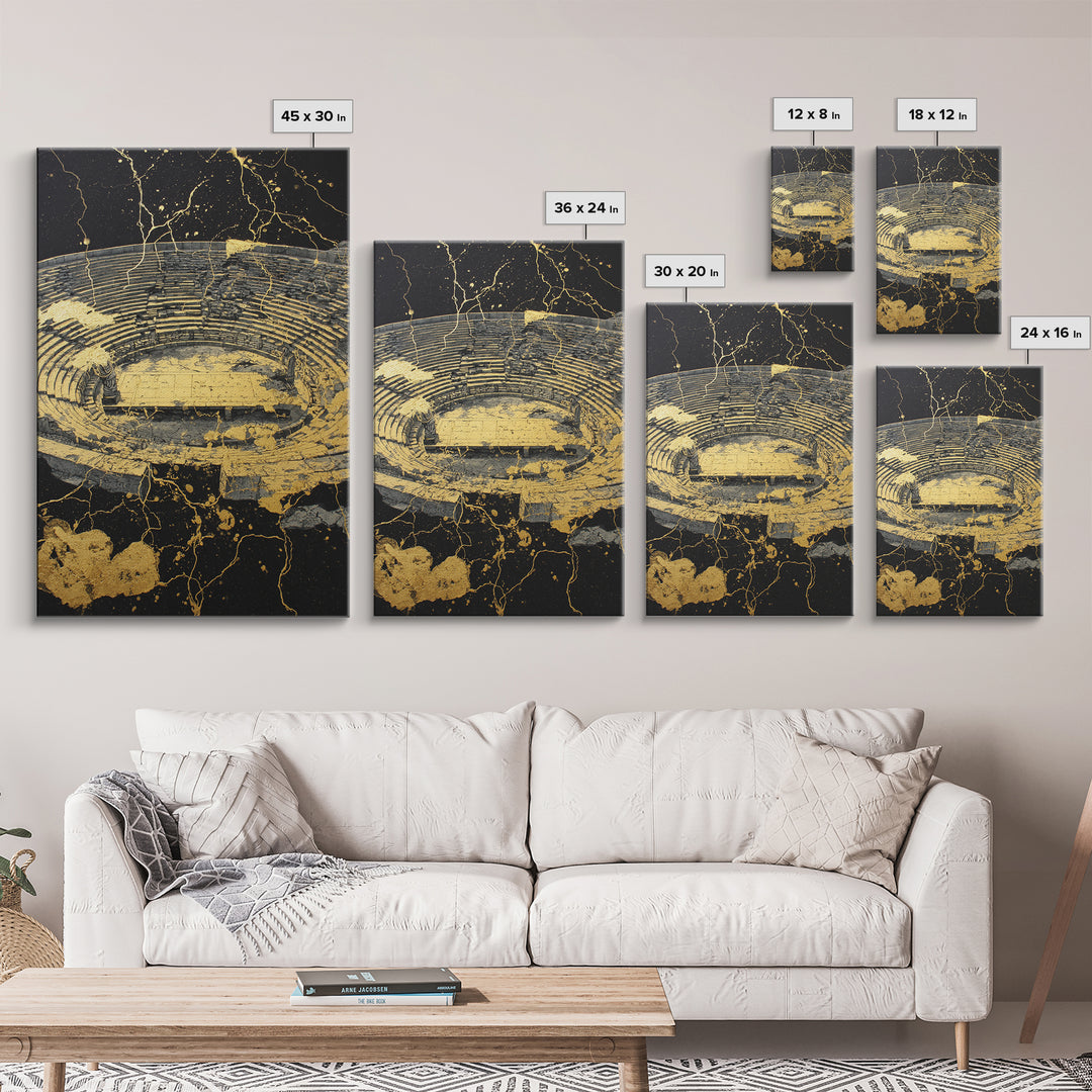Ancient Theater Abstract, Splattered Canvas Gold Canvas Print, Greek Myth Wall Art, Dramatic Decor, Wood Frame