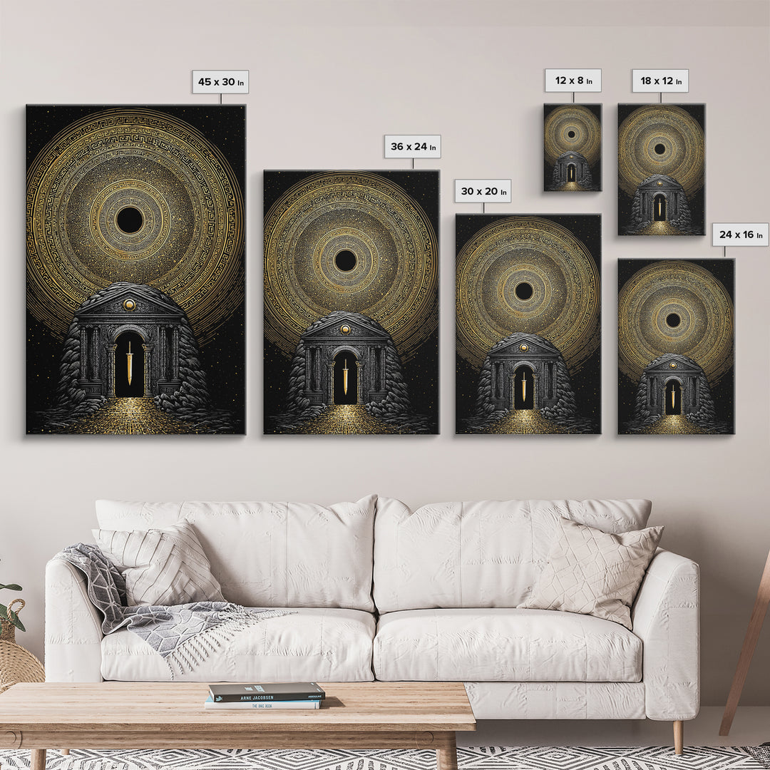 Sword Temple Cosmic Design, Mythology Wall Art, Canvas Gold Canvas Print, Fantasy Decor, Ancient Architecture, Wood Frame