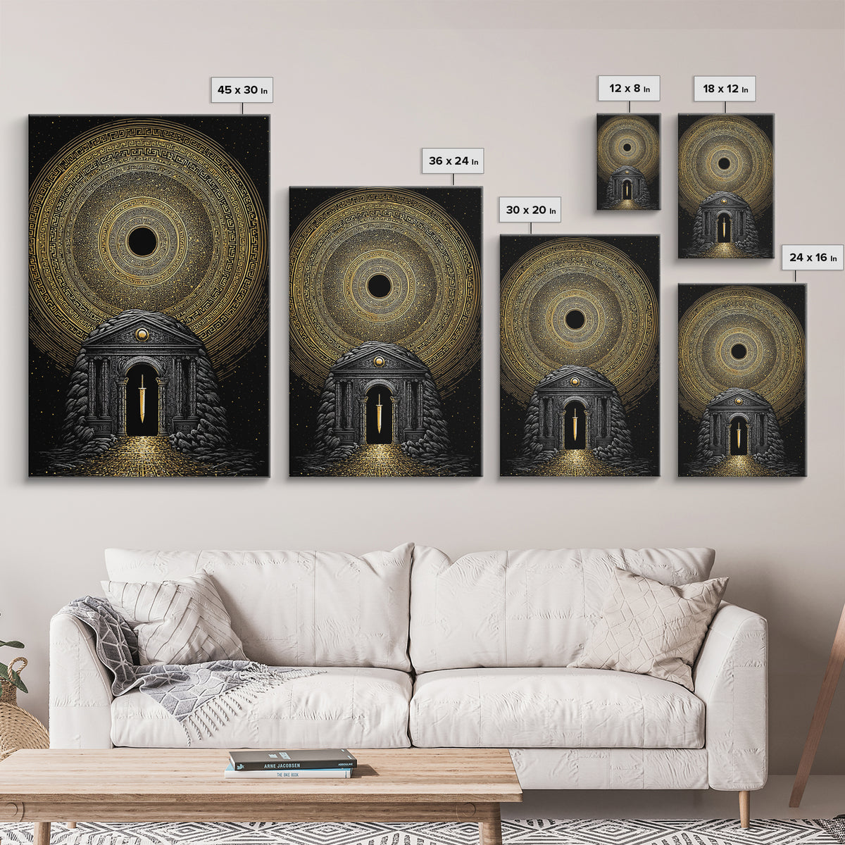 Sword Temple Cosmic Design, Mythology Wall Art, Canvas Gold Canvas Print, Fantasy Decor, Ancient Architecture, Wood Frame
