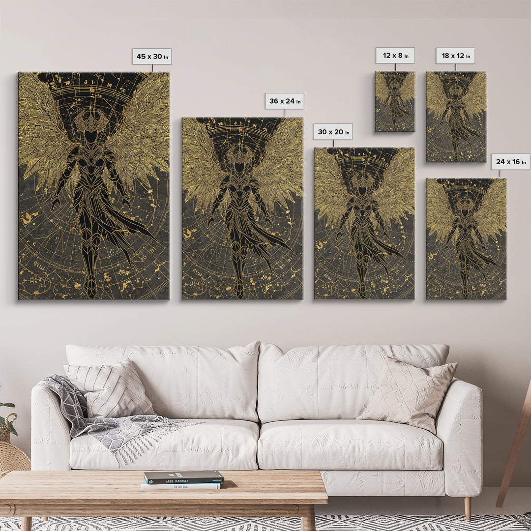 Celestial Angel Warrior, Astral Mythology Wall Art, Canvas Gold Canvas Print, Fantasy Decor, Cosmic Figure, Wood Frame