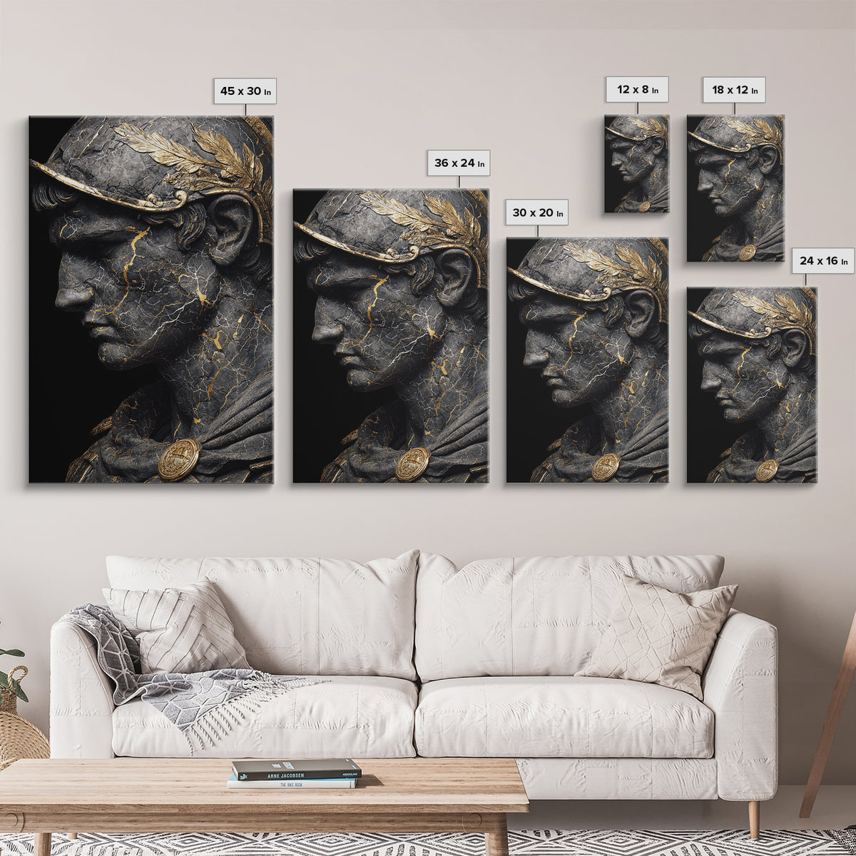 Roman Bust Statue, Classical Sculpture Wall Art, Canvas Gold Canvas Print, Ancient Decor, Regal Design, Wood Frame