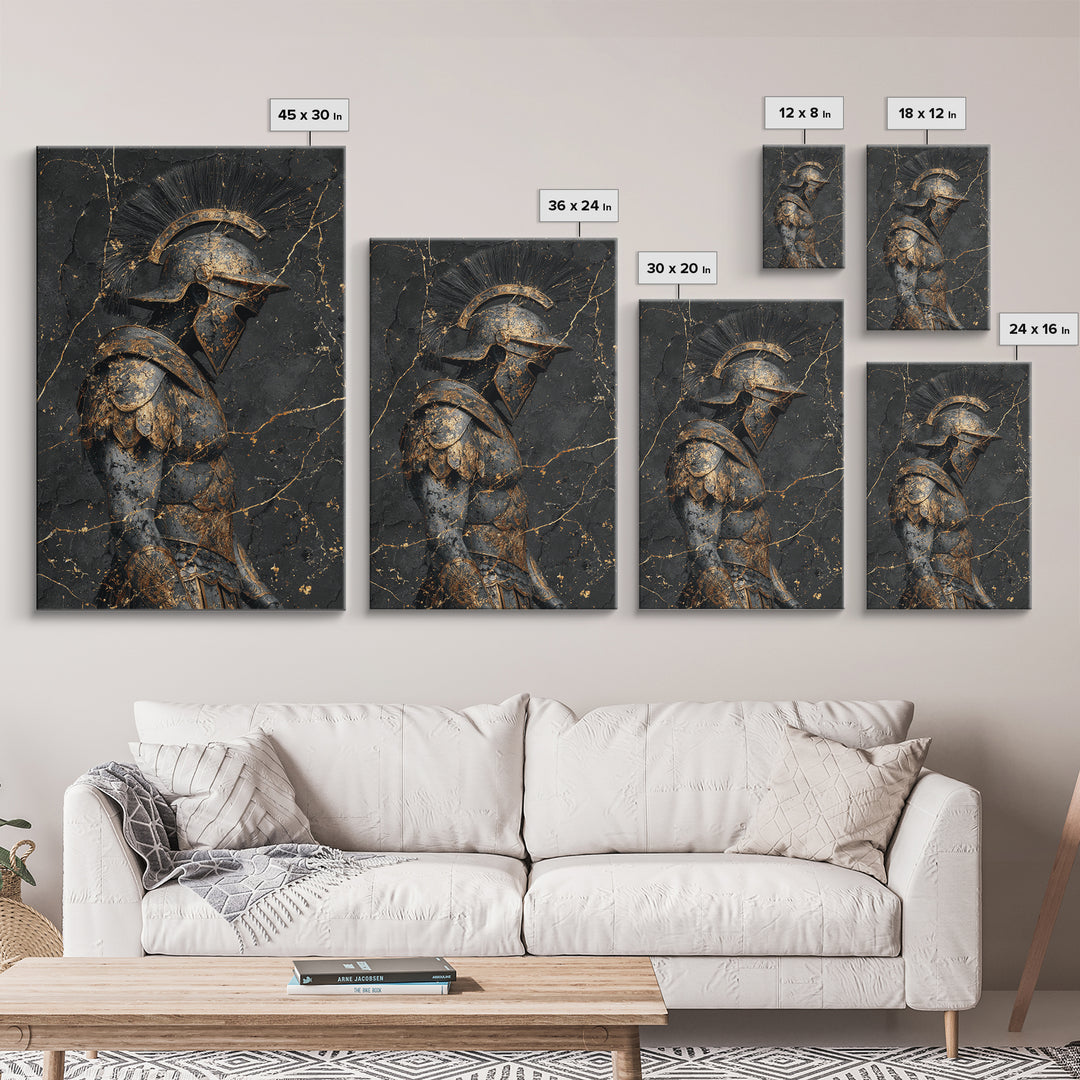Roman Soldier Statue, Canvas Gold Canvas Print, Ancient Warrior Wall Art, Real Wood Frame, Luxury Mythology Home Decor
