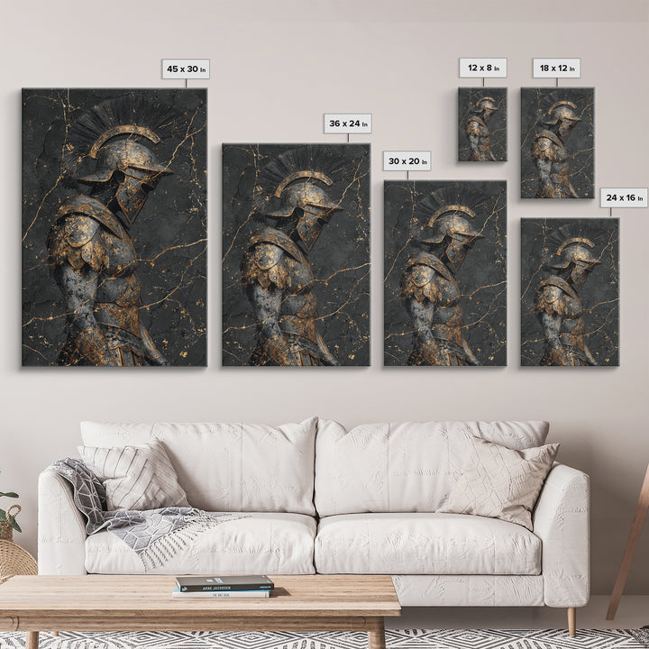 Roman Soldier Statue, Canvas Gold Canvas Print, Ancient Warrior Wall Art, Real Wood Frame, Luxury Mythology Home Decor
