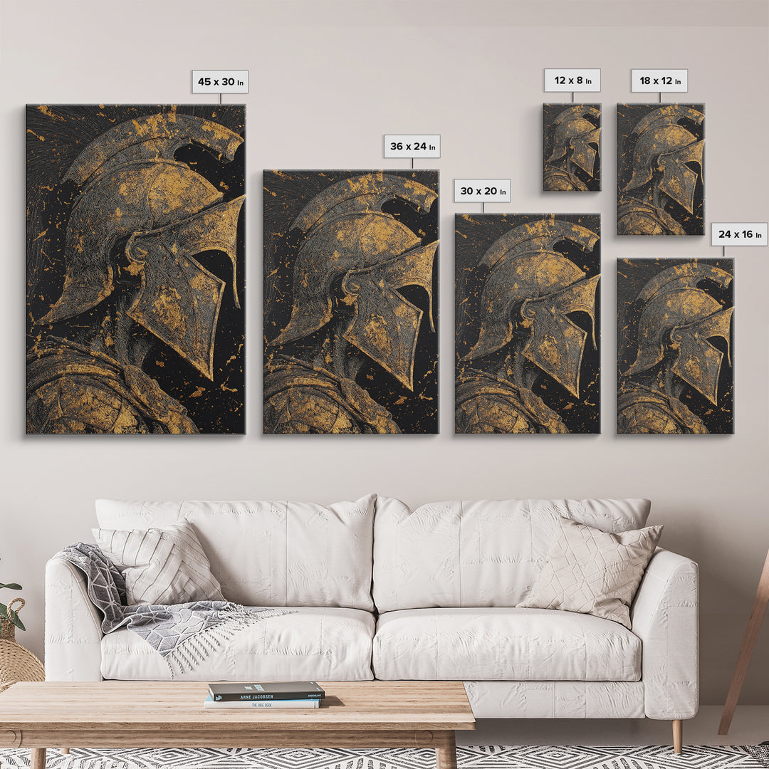 Greek Warrior Helmet, Canvas Gold Art, Ancient Soldier Wall Print, Mythology Decor, Real Wood Framed Canvas Artwork