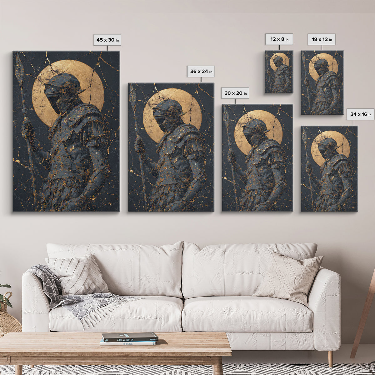 Spartan Warrior With Spear, Canvas Gold Canvas Print, Ancient Soldier Wall Art, Real Wood Frame Decor, Luxury Mythology