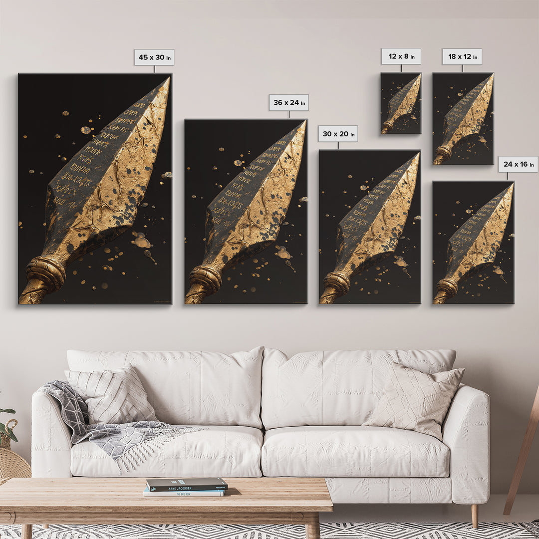 Inscribed Greek Spearhead in Motion Splash – Canvas Gold Art, Warrior Weapon Real Wood Framed Canvas Art, Spartan Weapon Decor