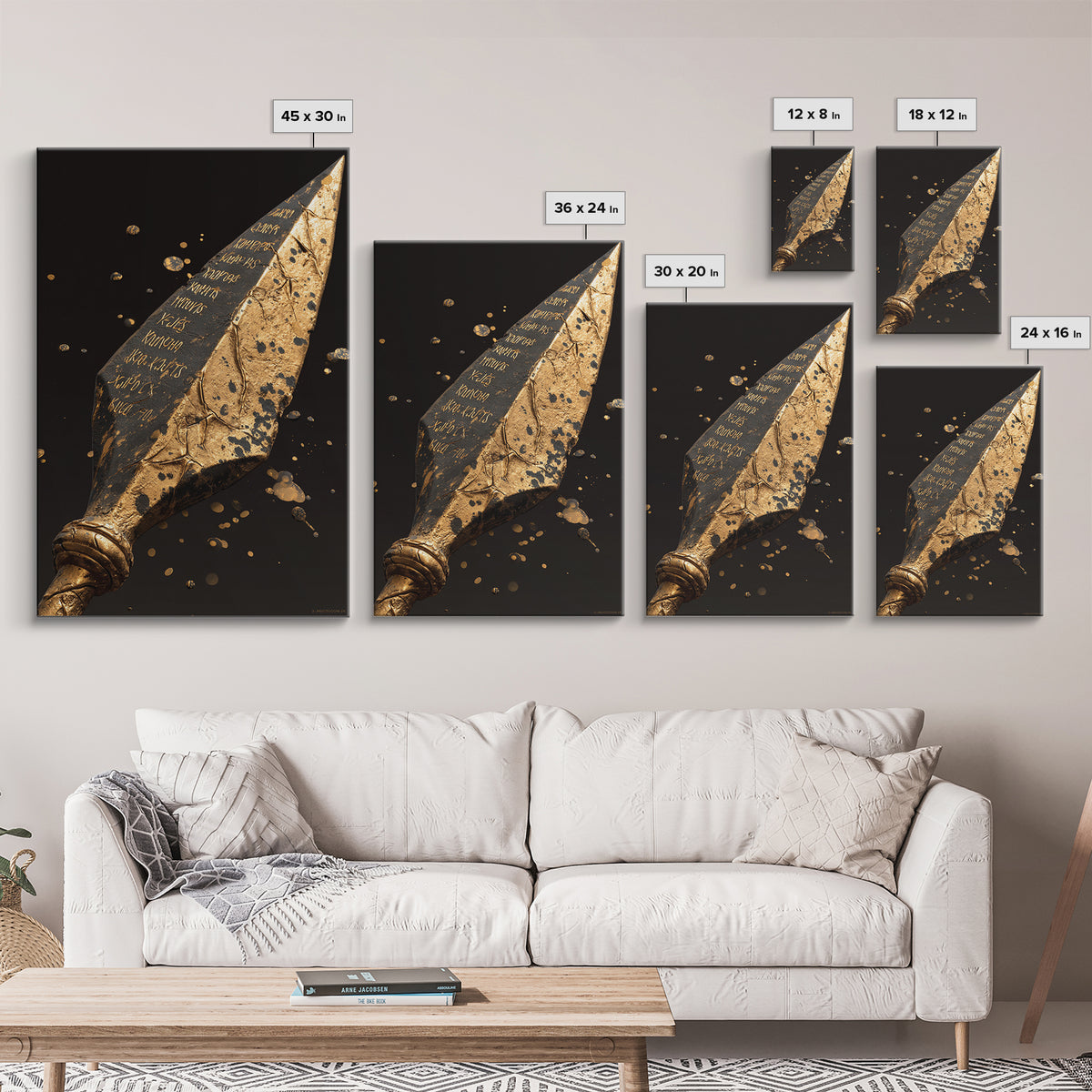 Inscribed Greek Spearhead in Motion Splash – Canvas Gold Art, Warrior Weapon Real Wood Framed Canvas Art, Spartan Weapon Decor