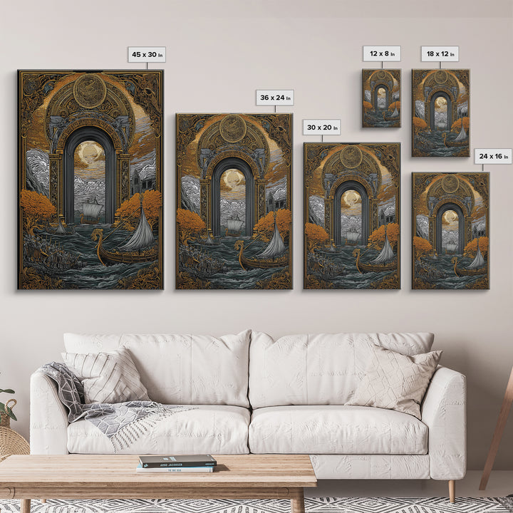 Viking Longships Through Mythic Gate – Canvas Gold Art, Epic Seafaring Canvas Art in Real Wood Frame, Norse Voyage Wall Print