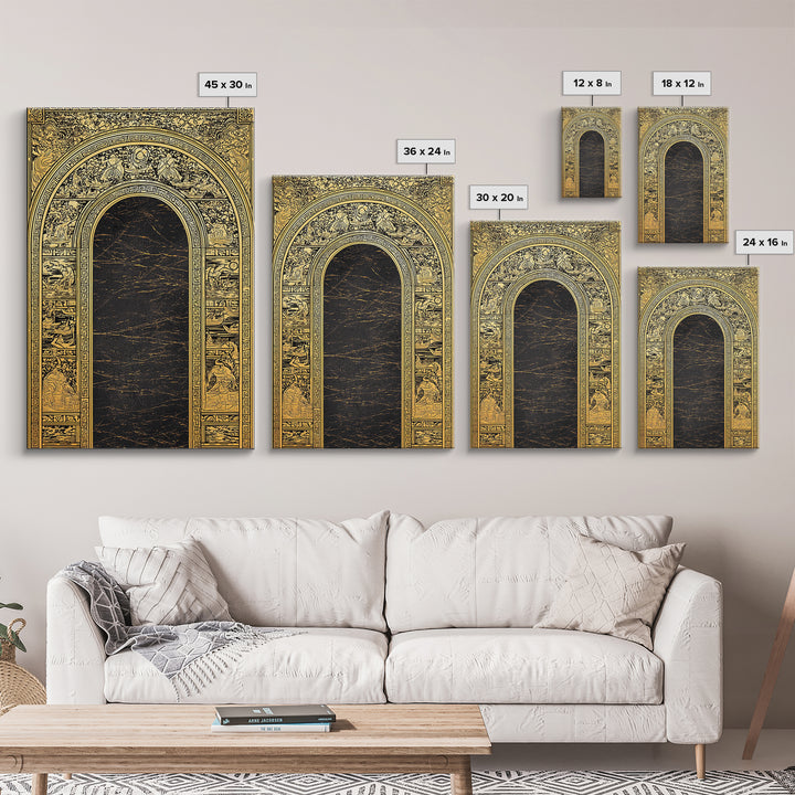 Ancient Greek Archway with Myth Scenes – Canvas Gold Art, Classical Panel Canvas Art with Real Wood Frame, Temple Wall Decor