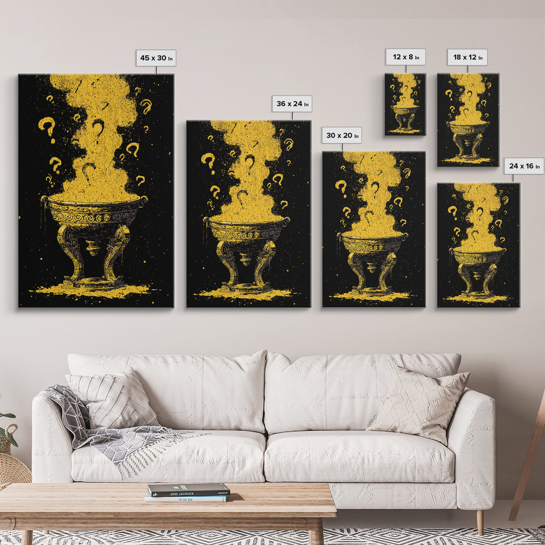 Golden Oracle Bowl with Rising Smoke – Canvas Gold Art, Mystical Ritual Canvas Art Framed in Real Wood, Ancient Prophecy Decor