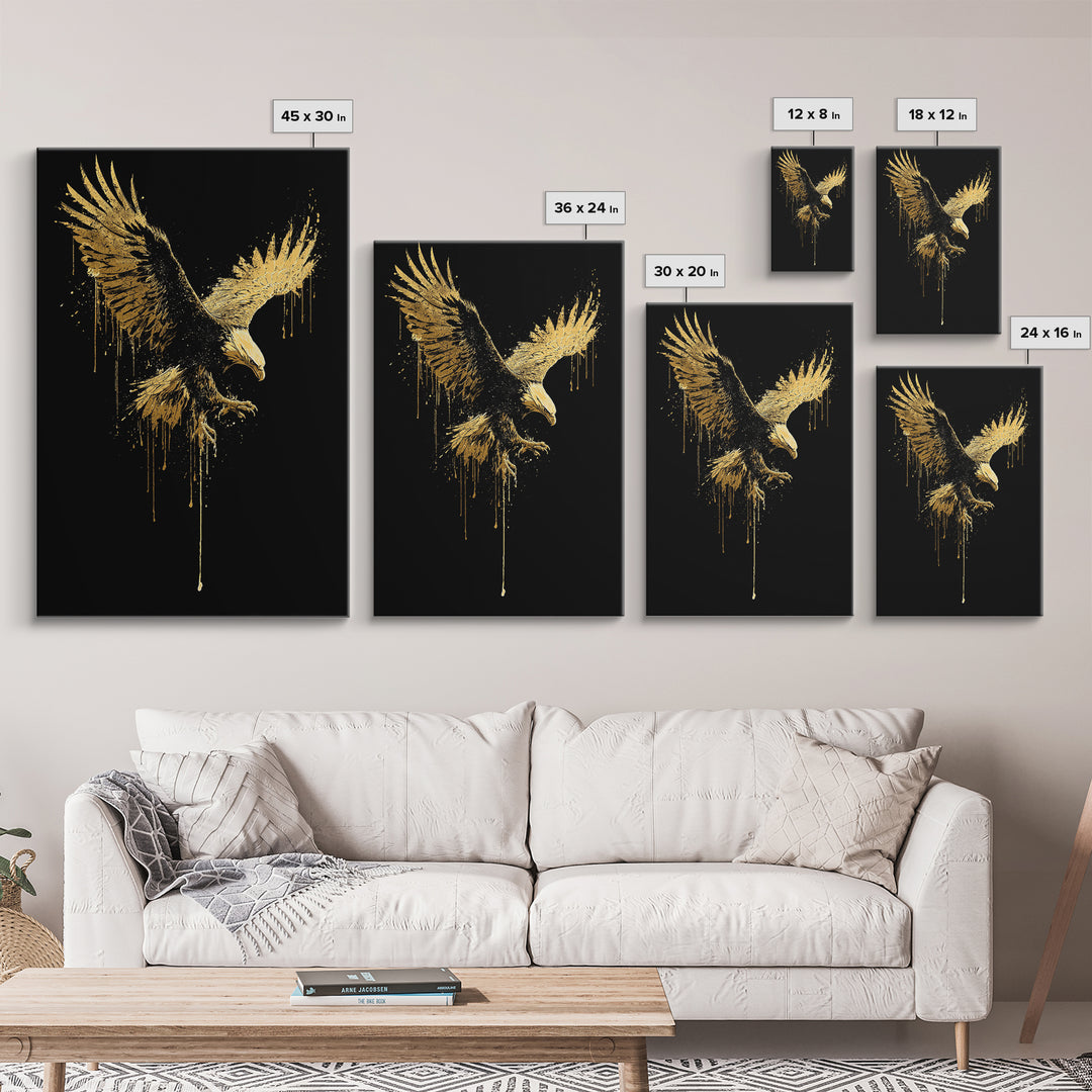 Flying Gold Splatter Eagle in Mid-Descent – Canvas Gold Art, Real Wood Framed Canvas Art, Dynamic Bird of Prey Wall Statement