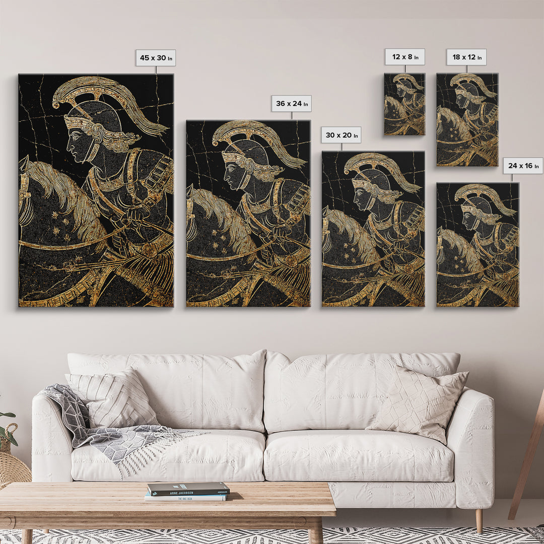 Ancient Greek Vase-Inspired Horseback Warrior – Canvas Gold Art, Classic Antiquity Linework Canvas Art, Mythic Wall Decor