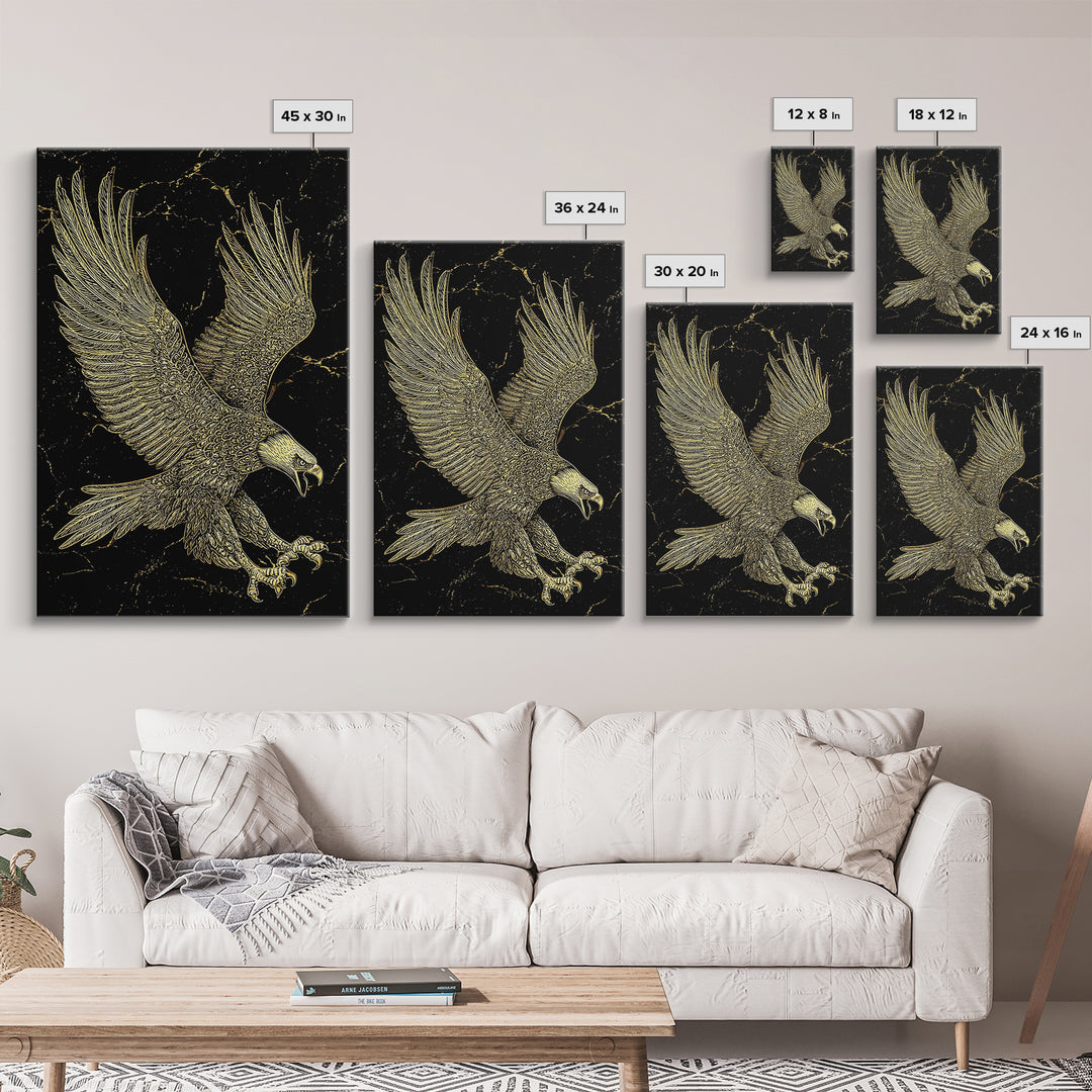 Detailed Golden Eagle with Spread Wings – Canvas Gold Art, Precision Linework Canvas Art in Real Wood Frame, Regal Animal Decor