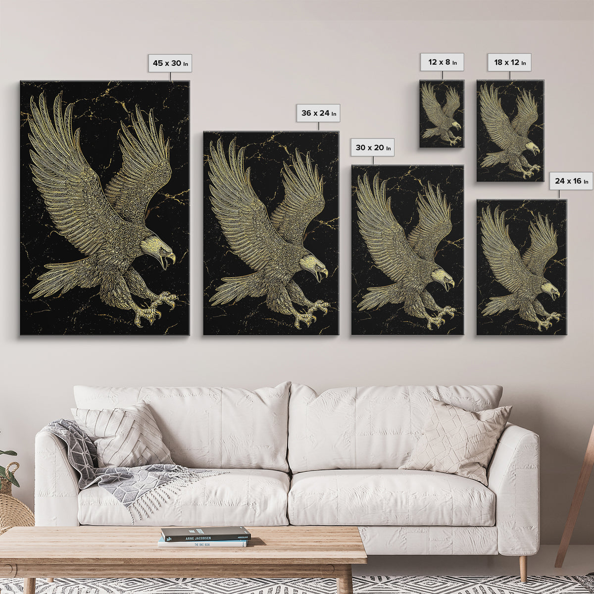 Detailed Golden Eagle with Spread Wings – Canvas Gold Art, Precision Linework Canvas Art in Real Wood Frame, Regal Animal Decor