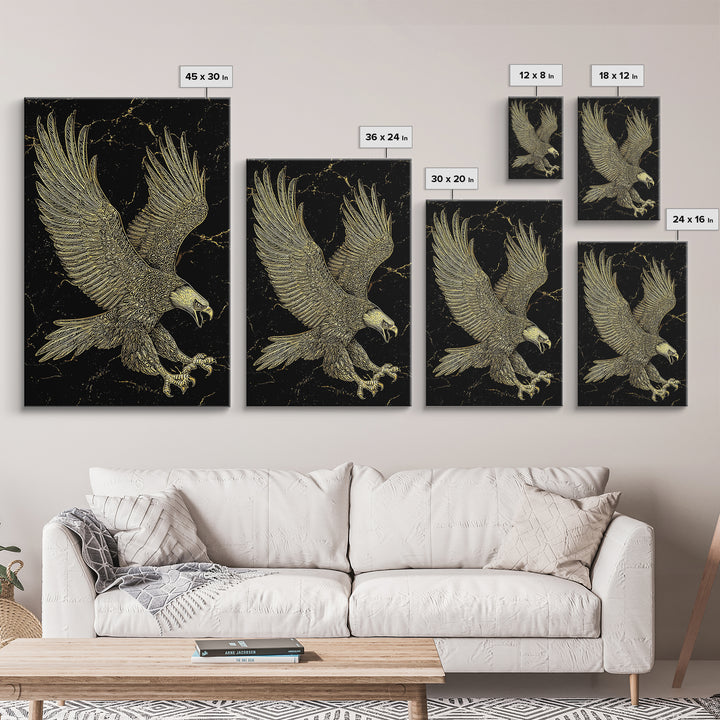 Detailed Golden Eagle with Spread Wings – Canvas Gold Art, Precision Linework Canvas Art in Real Wood Frame, Regal Animal Decor