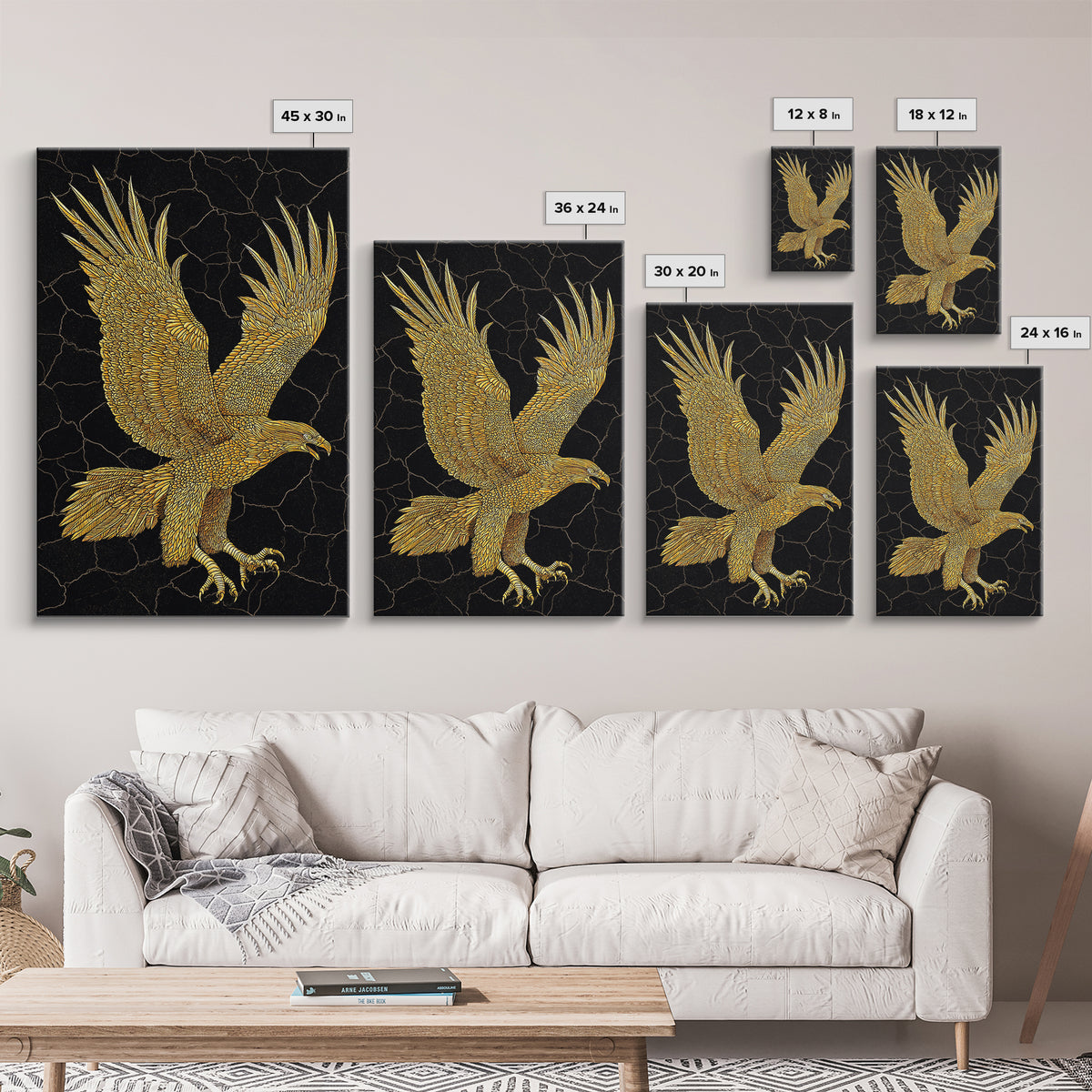 Golden Eagle Canvas Art, Canvas Print in Canvas Gold, Framed Canvas Wall Art with Real Wood Frame, Black Background Luxury Wildlife Decor