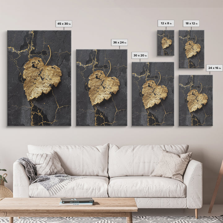 Gold Leaf on Black Marble Canvas Art, Canvas Gold Canvas Print, Framed Canvas Wall Art with Real Wood Frame, Minimalist Modern Decor