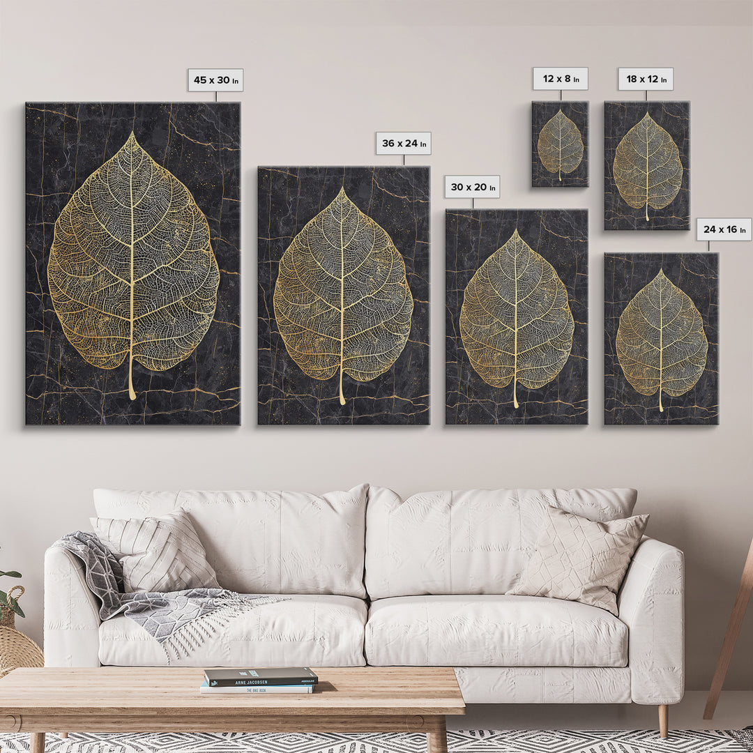 Skeleton Leaf Botanical Canvas Art, Canvas Gold Canvas Print, Framed Canvas Wall Art with Real Wood Frame, Black Marble Nature Decor