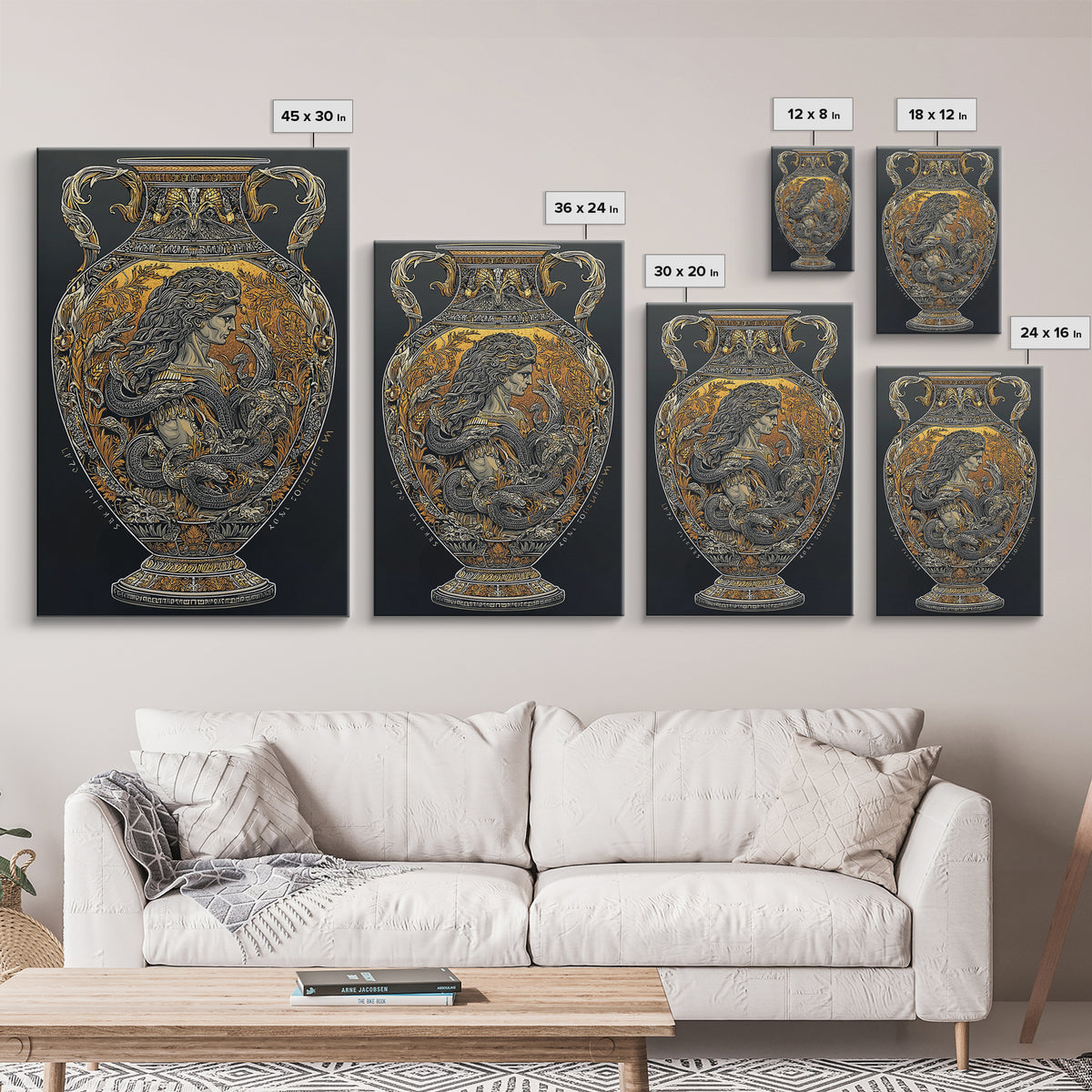 Medusa Greek Vase Canvas Art, Canvas Gold Canvas Print, Framed Canvas Wall Art with Real Wood Frame, Mythology Classical Decor