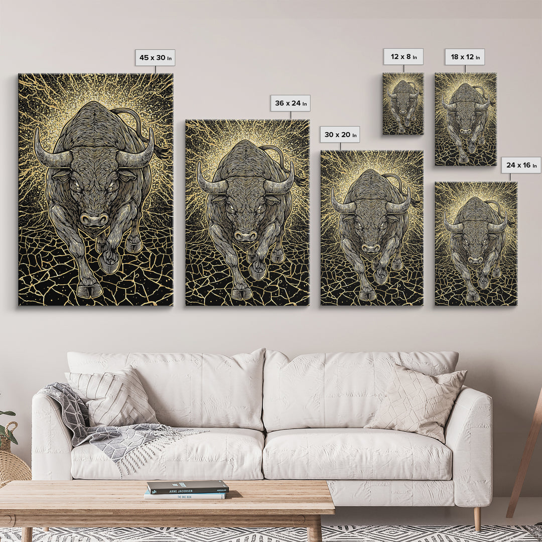Charging Bull Canvas Art, Canvas Gold Canvas Print, Framed Canvas Wall Art with Real Wood Frame, Powerful Animal Gallery Decor