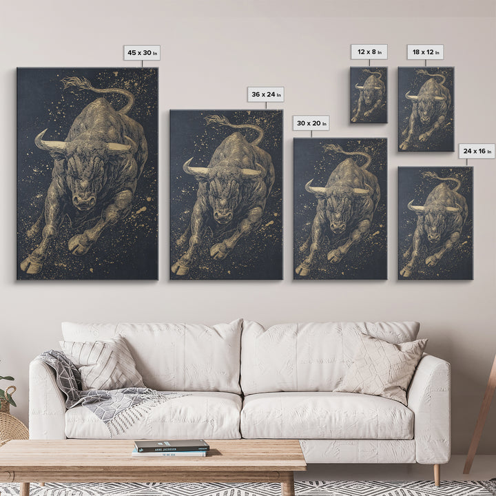 Leaping Bull Canvas Art, Canvas Gold Canvas Print, Framed Canvas Wall Art with Real Wood Frame, Dynamic Animal Modern Decor