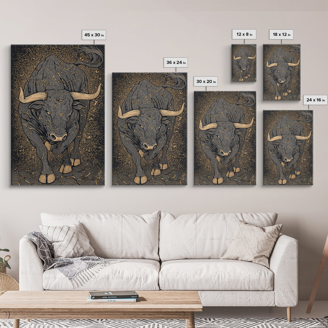 Cracked Stone Bull Canvas Art, Canvas Gold Canvas Print, Framed Canvas Wall Art with Real Wood Frame, Textured Cosmic Decor