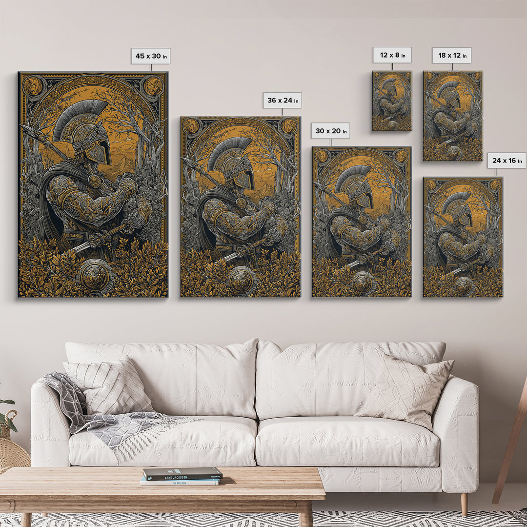 Spartan Soldier in Ornate Armor with Spear – Canvas Gold Art, Intricate Canvas Art Print, Classical Greece Wall Hanging