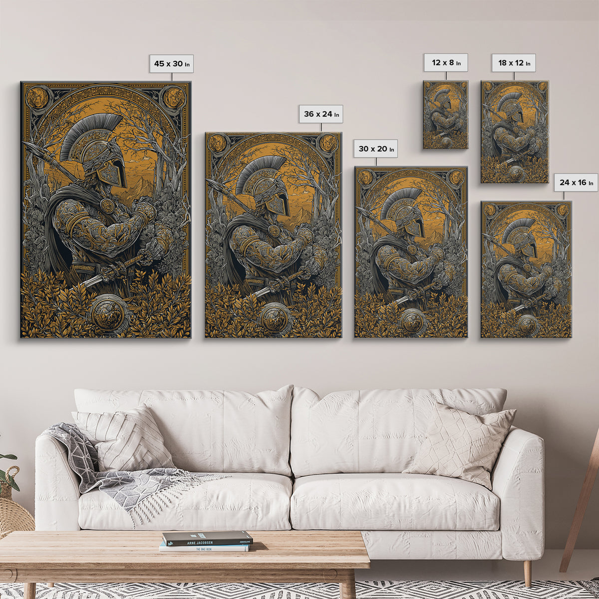 Spartan Soldier in Ornate Armor with Spear – Canvas Gold Art, Intricate Canvas Art Print, Classical Greece Wall Hanging