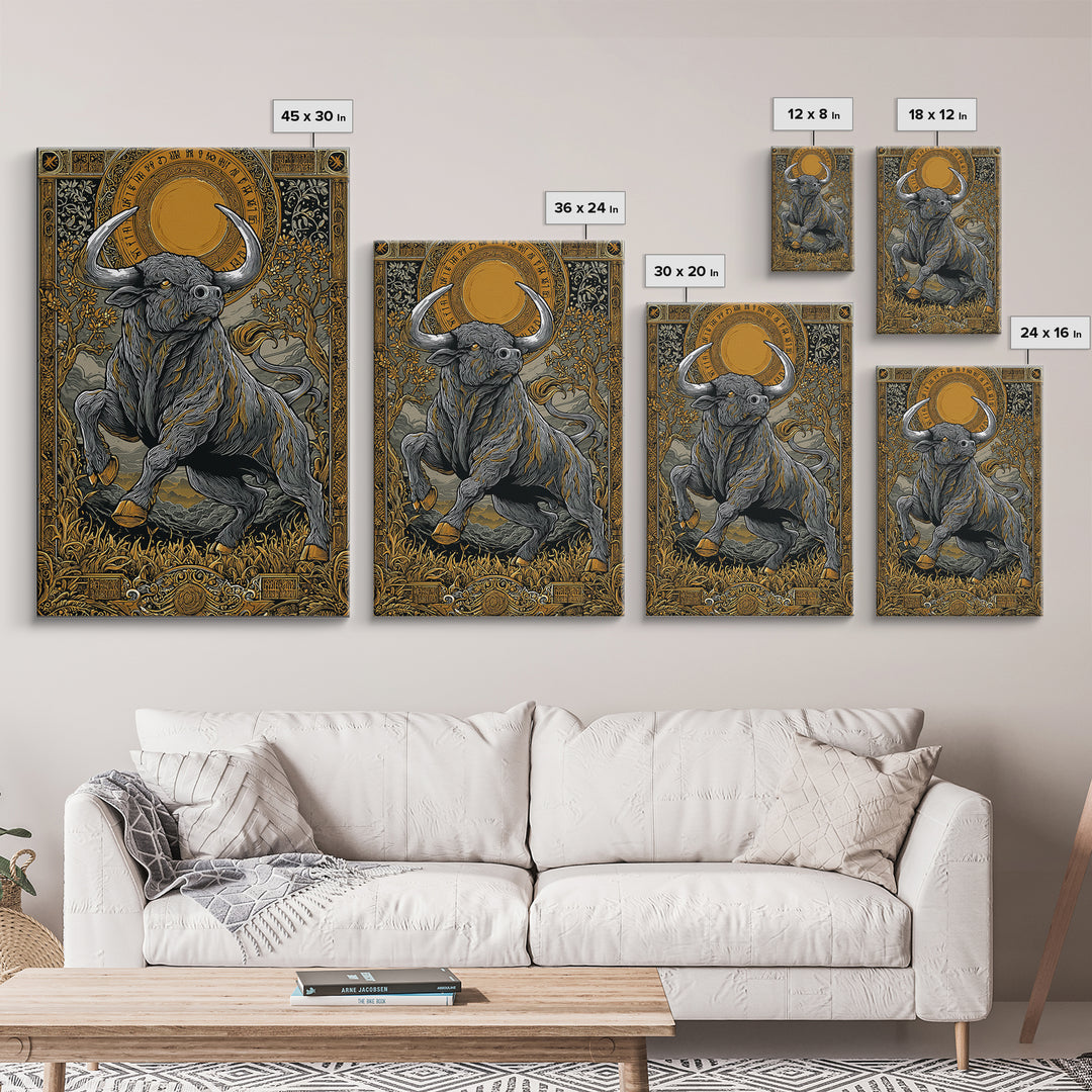 Taurus Zodiac Bull Canvas Art, Canvas Gold Canvas Print, Framed Canvas Wall Art with Real Wood Frame, Ornate Mythic Gallery Decor
