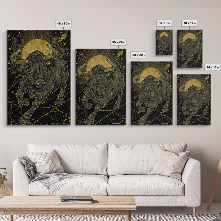 Taurus Bull Canvas Gold Canvas Print, Framed Canvas Wall Art with Real Wood Frame, Zodiac Sun Disc Black and Gold Gallery Decor
