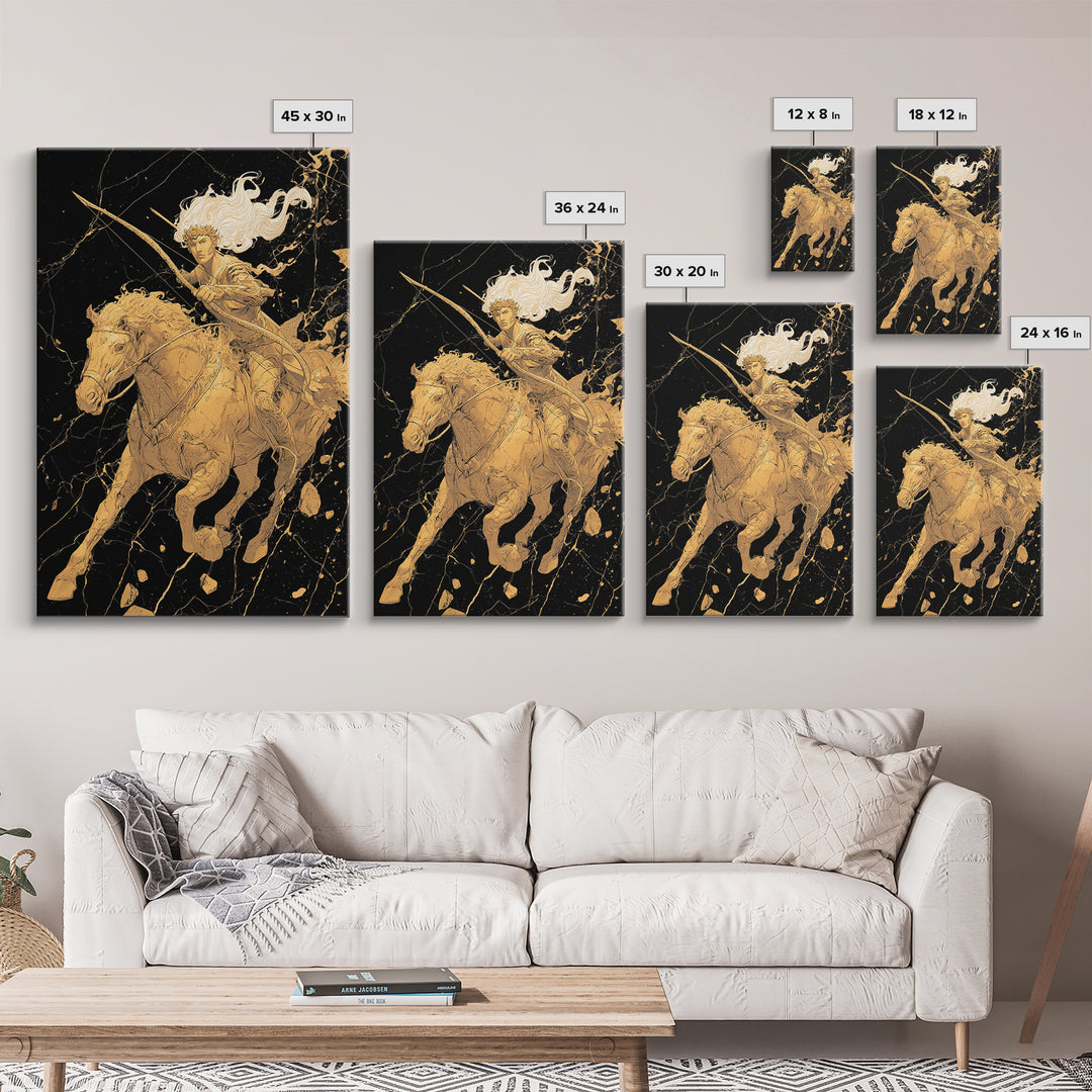 Huntress on Horse Canvas Gold Canvas Print, Framed Canvas Wall Art with Real Wood Frame, Warrior Goddess Archer Black Gold Decor