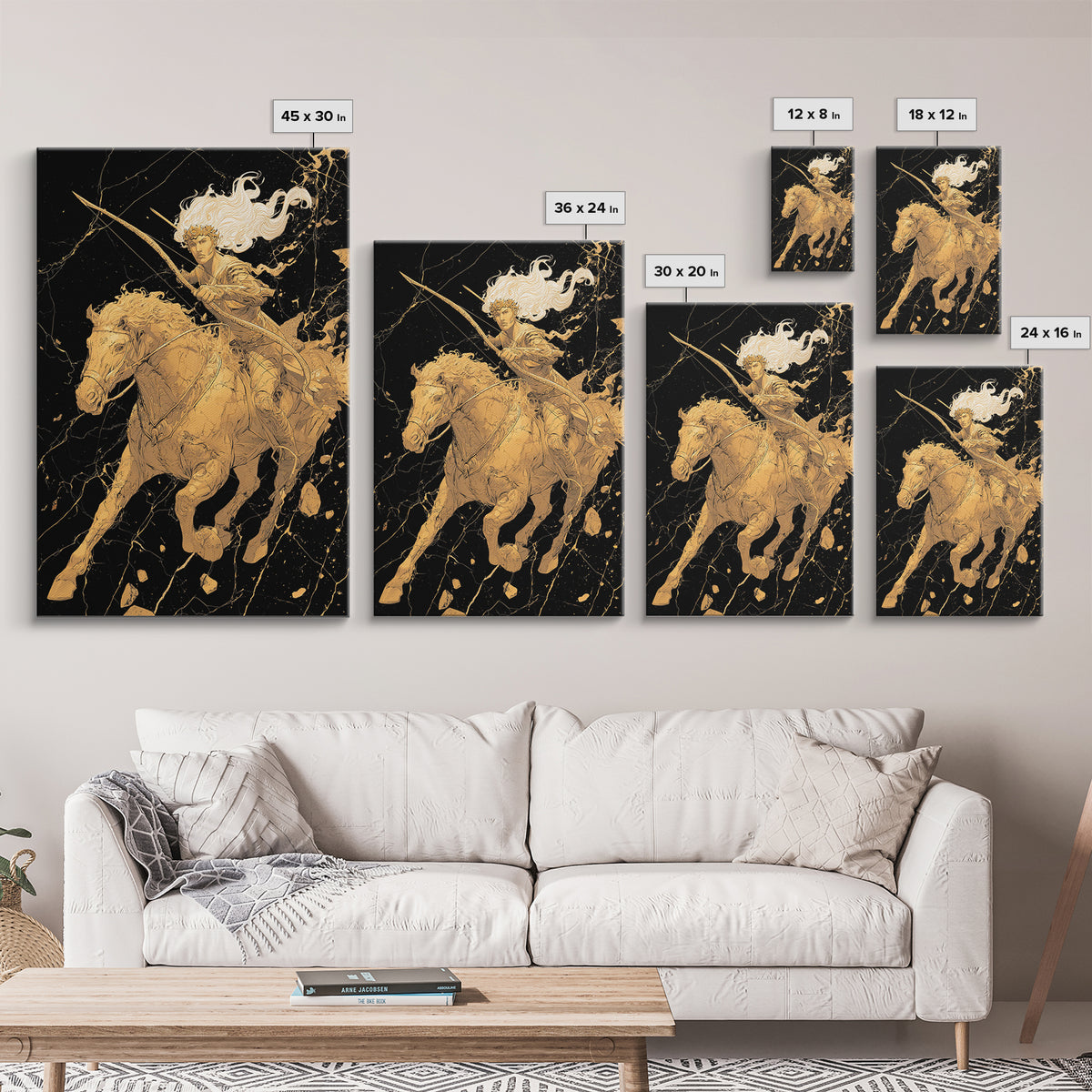 Huntress on Horse Canvas Gold Canvas Print, Framed Canvas Wall Art with Real Wood Frame, Warrior Goddess Archer Black Gold Decor