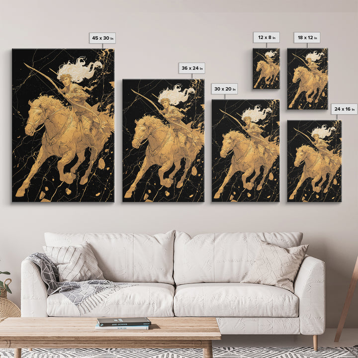 Huntress on Horse Canvas Gold Canvas Print, Framed Canvas Wall Art with Real Wood Frame, Warrior Goddess Archer Black Gold Decor