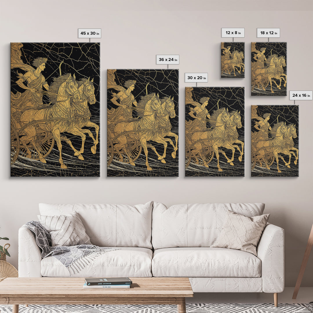 Apollo Sun Chariot Canvas Gold Canvas Print, Framed Canvas Wall Art with Real Wood Frame, Classical Greek God Horses Wall Decor