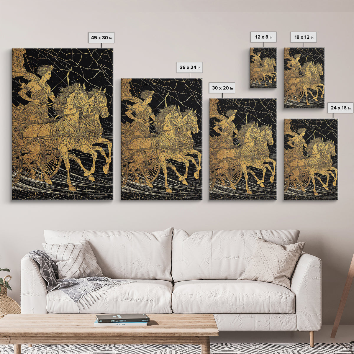 Apollo Sun Chariot Canvas Gold Canvas Print, Framed Canvas Wall Art with Real Wood Frame, Classical Greek God Horses Wall Decor