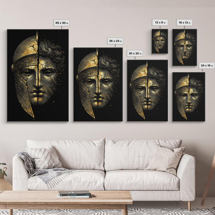 Ancient Warrior Mask Canvas Gold Canvas Print, Framed Canvas Wall Art with Real Wood Frame, Greek Helmet Cracked Kintsugi Decor
