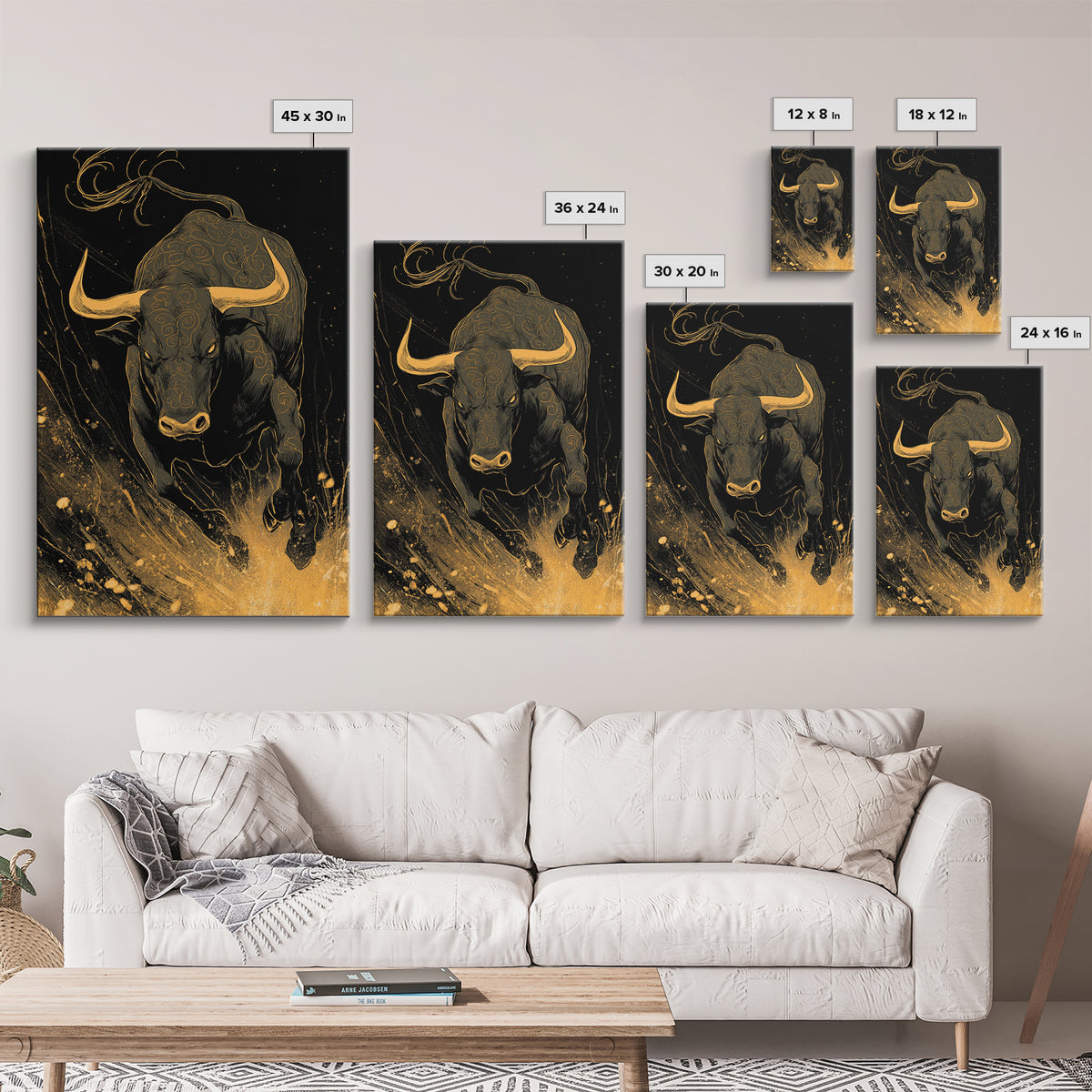Bull Splash Canvas Gold Canvas Print, Framed Canvas Wall Art with Real Wood Frame, Powerful Charging Animal Black Gold Decor