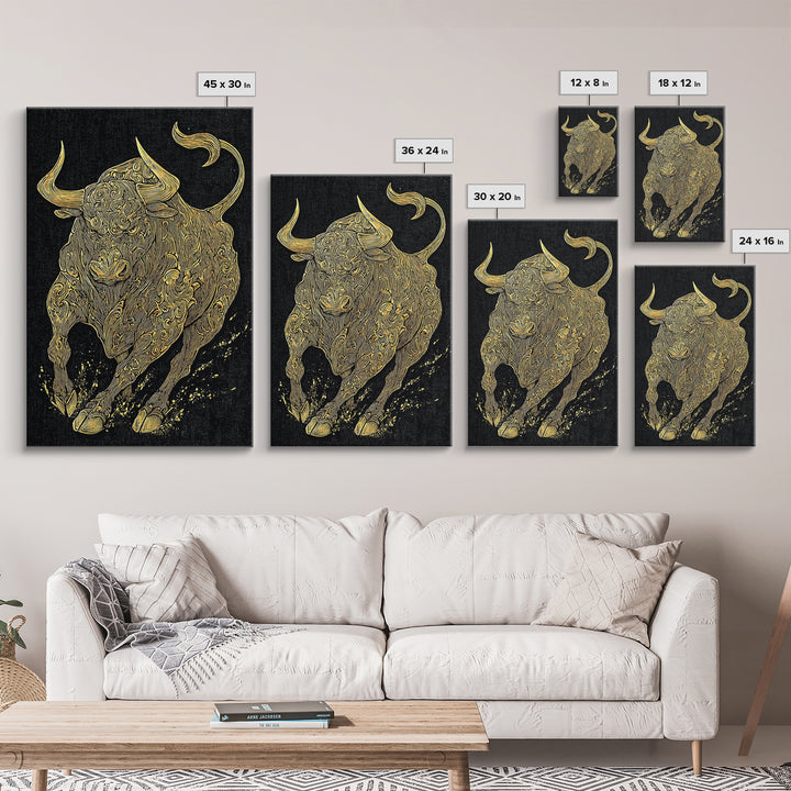 Ornate Bull Canvas Gold Canvas Print, Framed Canvas Wall Art with Real Wood Frame, Decorative Swirl Pattern Animal Gallery Decor