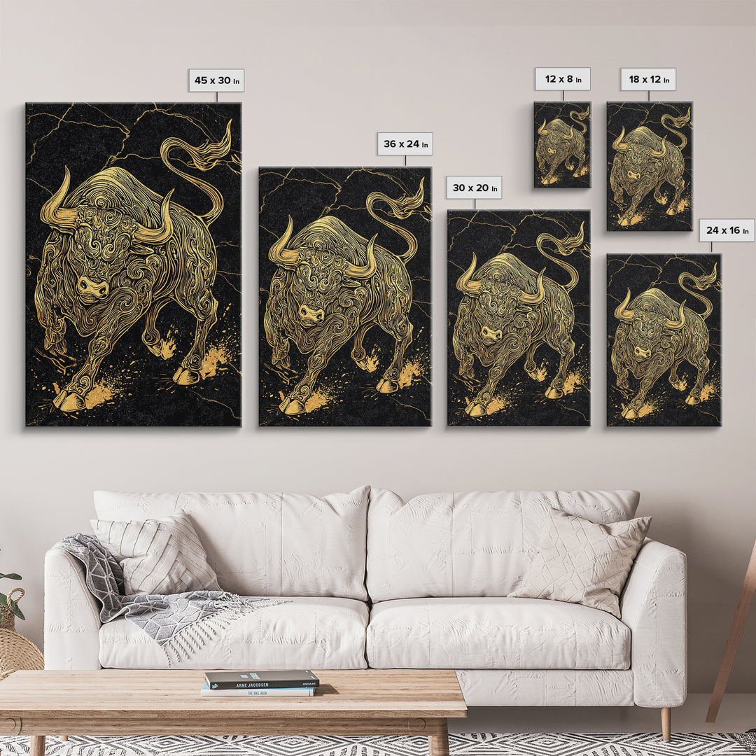 Ornate Bull Canvas Gold Canvas Print, Framed Canvas Wall Art with Real Wood Frame, Black and Gold Animal Decor for Luxury Home