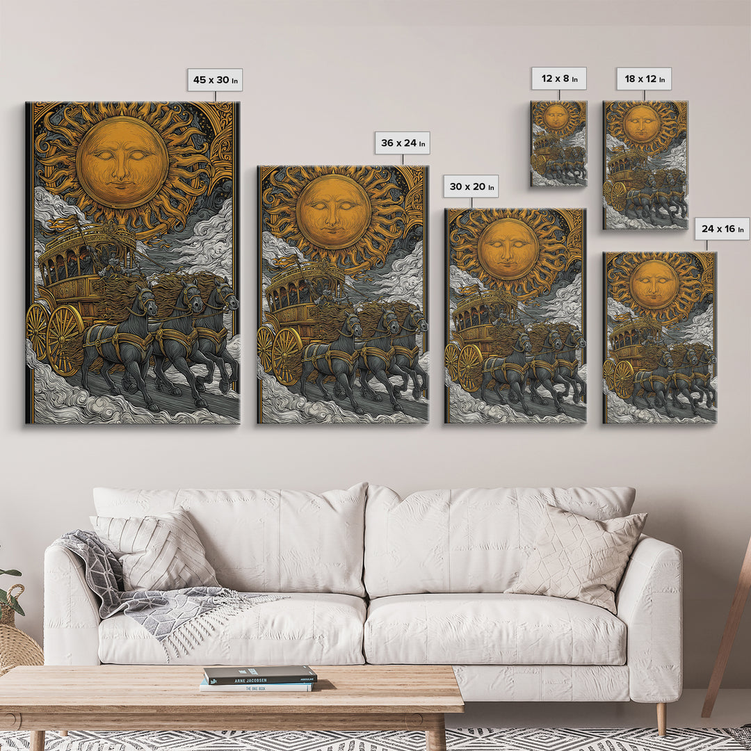 Sun Chariot Canvas Gold Canvas Print, Framed Canvas Wall Art with Real Wood Frame, Greek Myth Apollo Horses Statement Decor