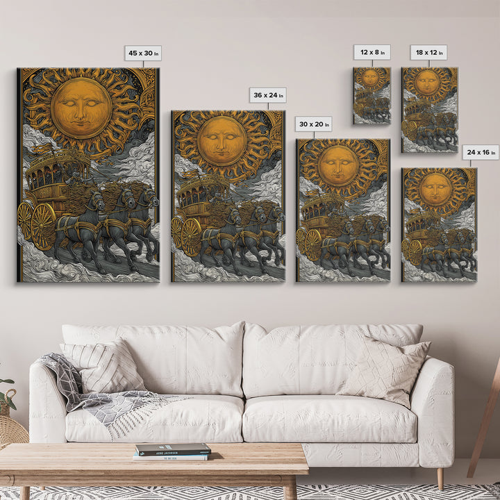 Sun Chariot Canvas Gold Canvas Print, Framed Canvas Wall Art with Real Wood Frame, Greek Myth Apollo Horses Statement Decor