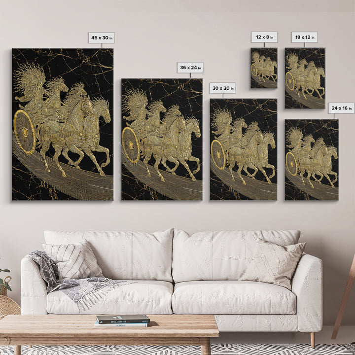 Golden Chariot Canvas Gold Art, Framed Canvas Wall Art with Real Wood Frame, Classical Black and Gold Greek Myth Horse Decor