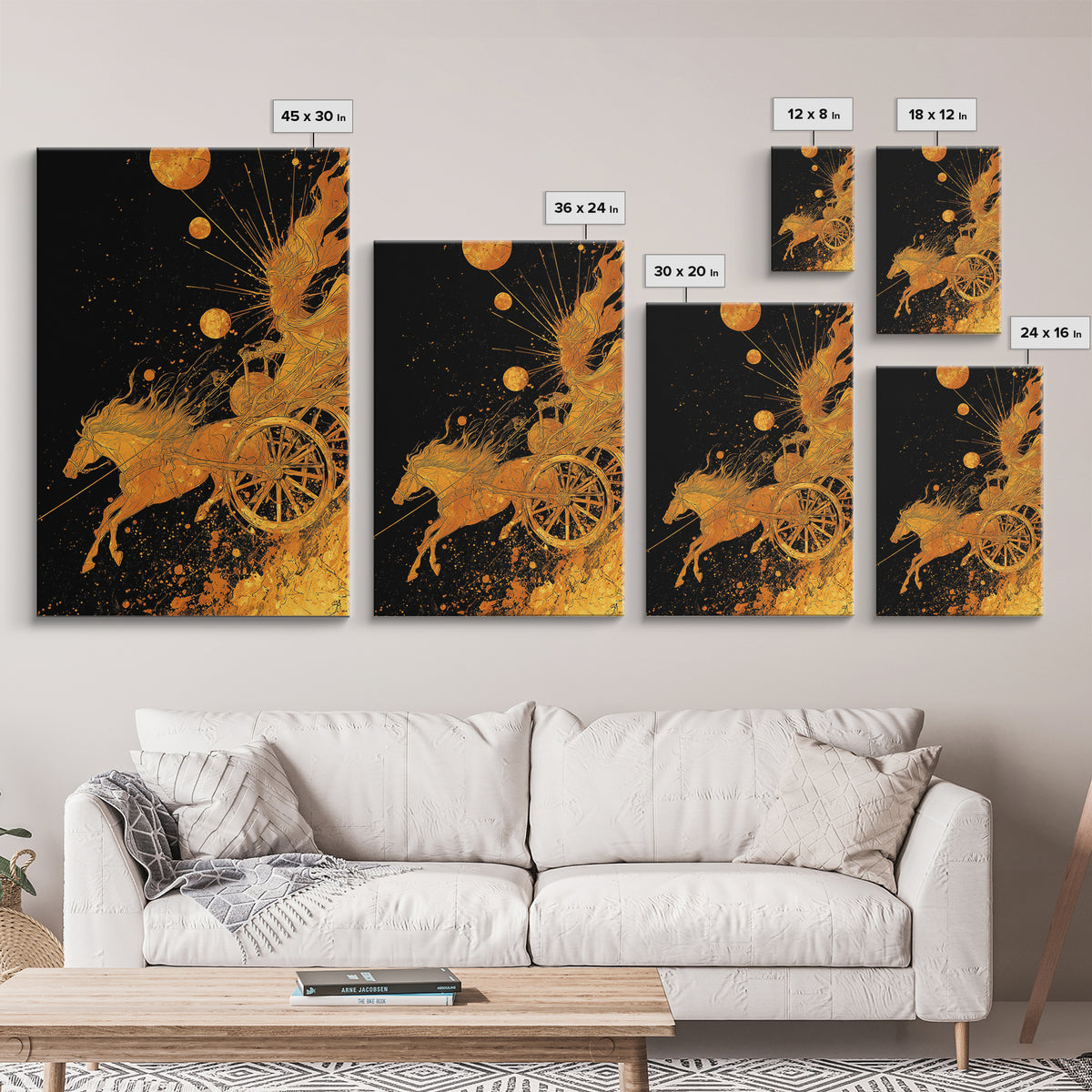 Celestial Chariot Canvas Gold Art, Framed Canvas Wall Art with Real Wood Frame, Radiant Greek Myth Sun and Horse Wall Decor
