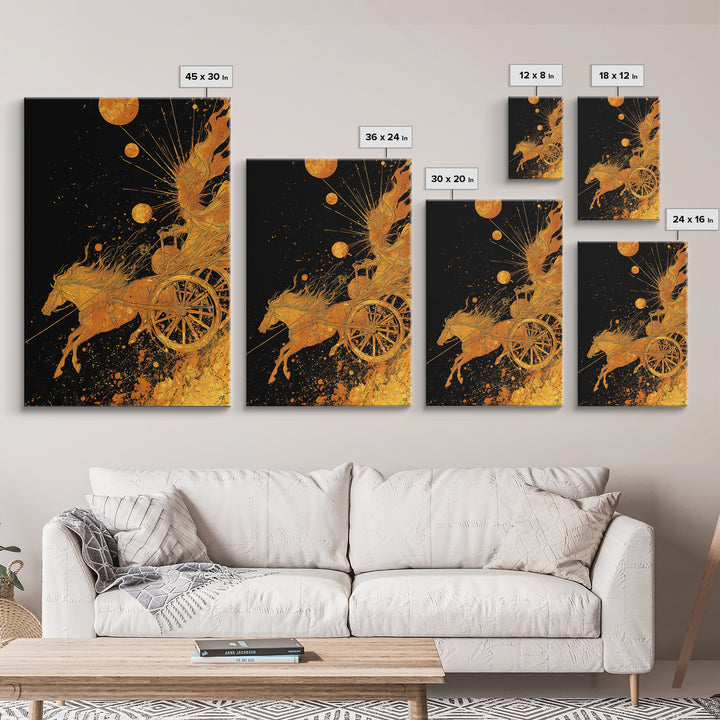 Celestial Chariot Canvas Gold Art, Framed Canvas Wall Art with Real Wood Frame, Radiant Greek Myth Sun and Horse Wall Decor