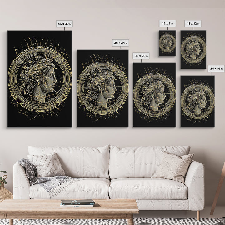 Greek Coin Profile Canvas Gold Canvas Print, Framed Canvas Wall Art with Real Wood Frame, Black and Gold Classical Portrait Decor