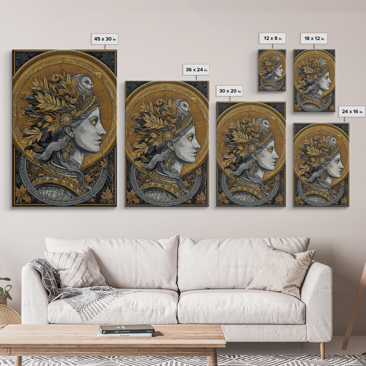 Athena Portrait Canvas Gold Canvas Print, Framed Canvas Wall Art with Real Wood Frame, Greek Goddess with Owl Luxury Home Decor