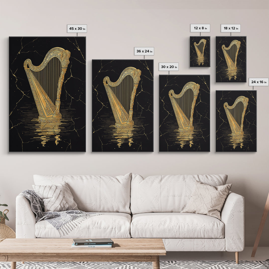 Golden Harp Canvas Gold Canvas Print, Framed Canvas Wall Art with Real Wood Frame, Black and Gold Classical Instrument Decor