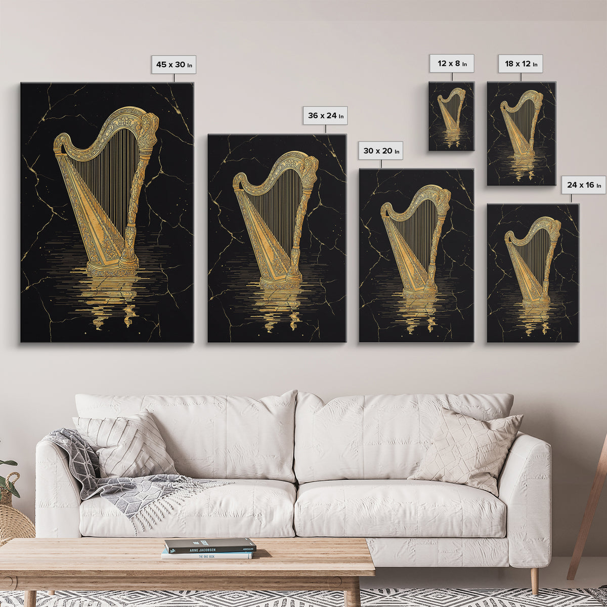 Golden Harp Canvas Gold Canvas Print, Framed Canvas Wall Art with Real Wood Frame, Black and Gold Classical Instrument Decor