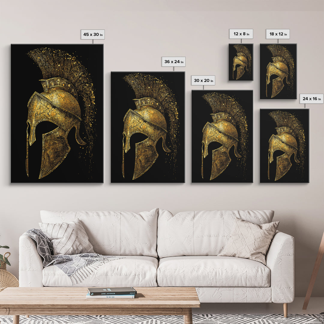 Spartan Helmet Canvas Gold Canvas Print, Framed Canvas Wall Art with Real Wood Frame, Black and Gold Greek Warrior Decor