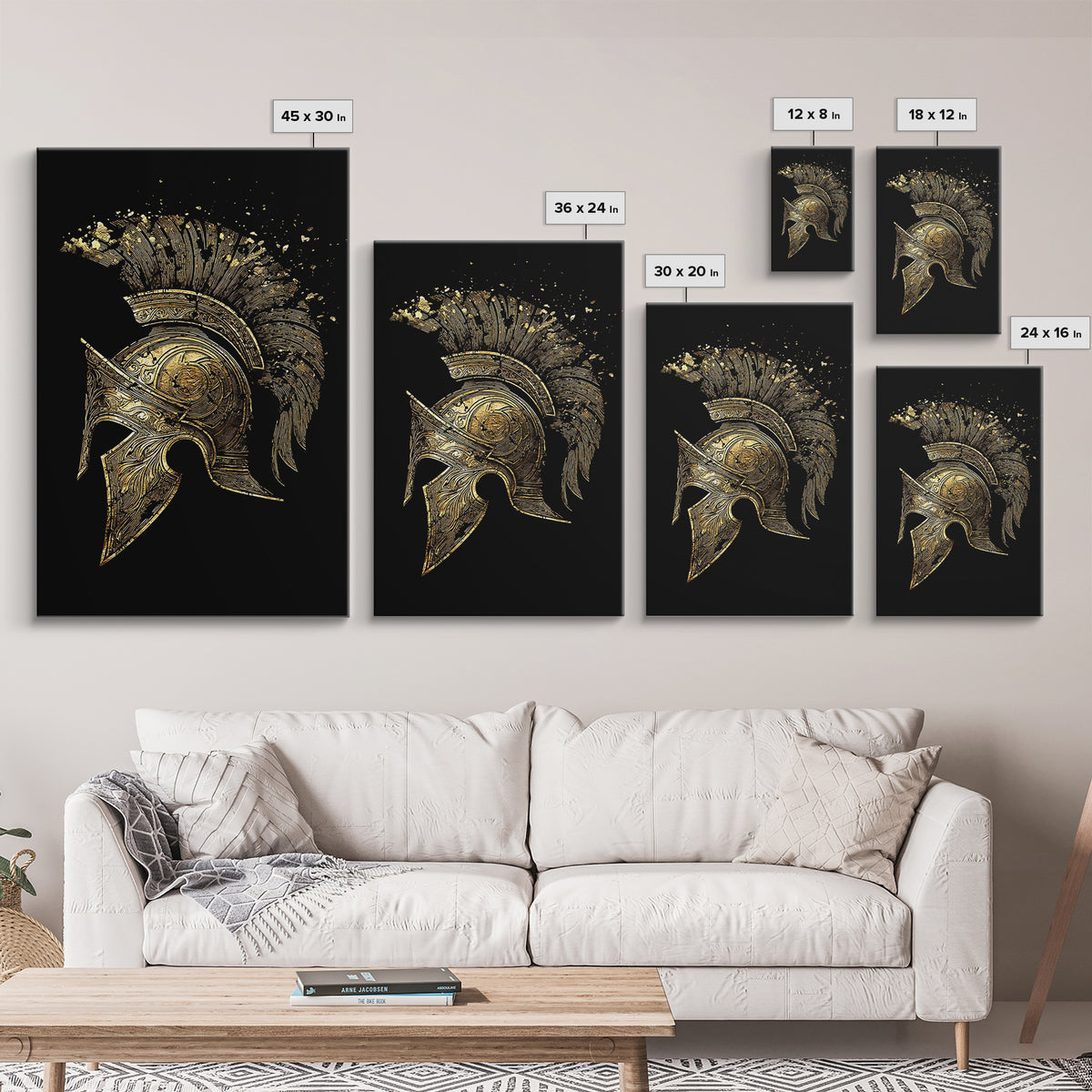 Spartan Helmet Canvas Gold Canvas Print – Ancient Warrior Art on Premium Canvas with Real Wood Frame – Greek History Wall Decor